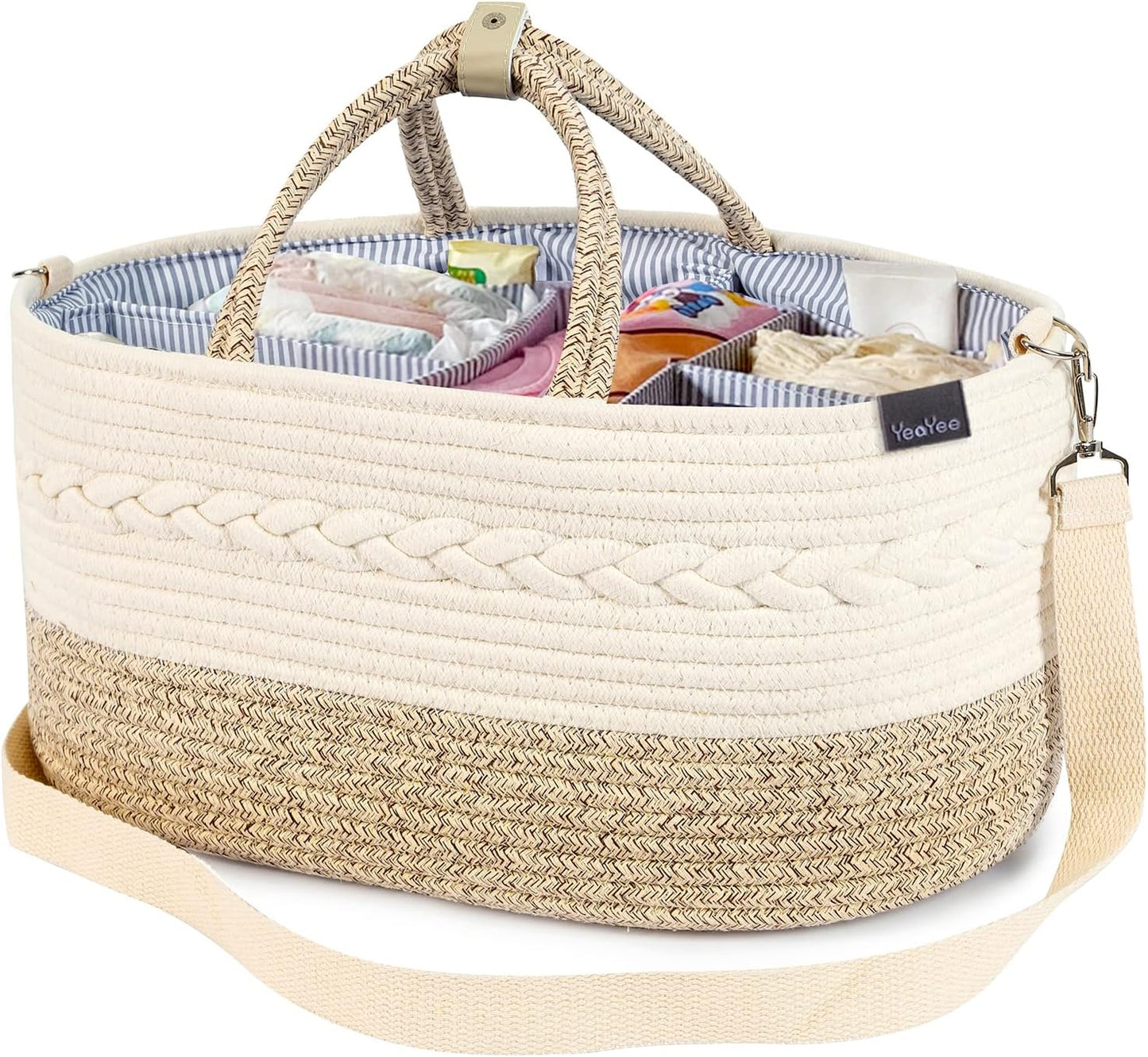 Baby Diaper Caddy Organizer, Portable Nursery Storage Basket with Changeable Compartments, 100% Cotton Woven Rope Baskets, Car & Changing Table Tote, Newborn Gift