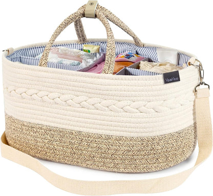 Baby Diaper Caddy Organizer, Portable Nursery Storage Basket with Changeable Compartments, 100% Cotton Woven Rope Baskets, Car & Changing Table Tote, Newborn Gift
