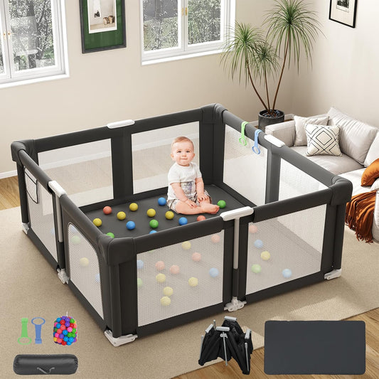 Foldable Playpen for Babies and Toddlers, 51" Portable Play Pen with Mat and Ocean Balls, Play Yard with with Visible Mesh for Inddor and Outdoor, No Assembly Required, Dark Gray