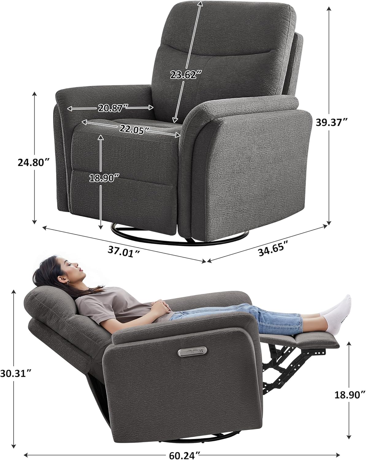 VANOMi Power Recliner Chair Swivel Glider, Electric Rocking Recliner Chairs with USB and Type-C Ports, Nursery Chair Recliner for Living Room, Bedroom, Apartment（Camel）