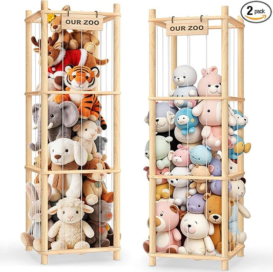 Woodure Stuffed Animal Storage & Organizer, Wooden Cute Zoo Toy Holder for Toddler Rooms, Playrooms & Bedrooms(2pcs)