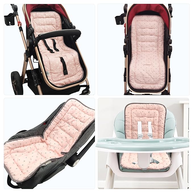 Baby Stroller Cushion,Infant Car Seat Insert-Reversible Universal Breathable and Soft Newborn seat Liner for Stroller,100% Cotton Seat Pad Liner for Newborns-34x78cm,1 Pack(Pink+Grey Cross)