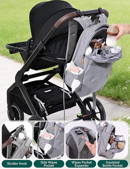Babelio Grid Wizard Diaper Bag Backpack - Multi Function Waterproof Diaper Bag, Travel Essentials Baby Bag with 4 Individual Organizers, Insulated Bottle Holders, Baby Shower Gifts, Black