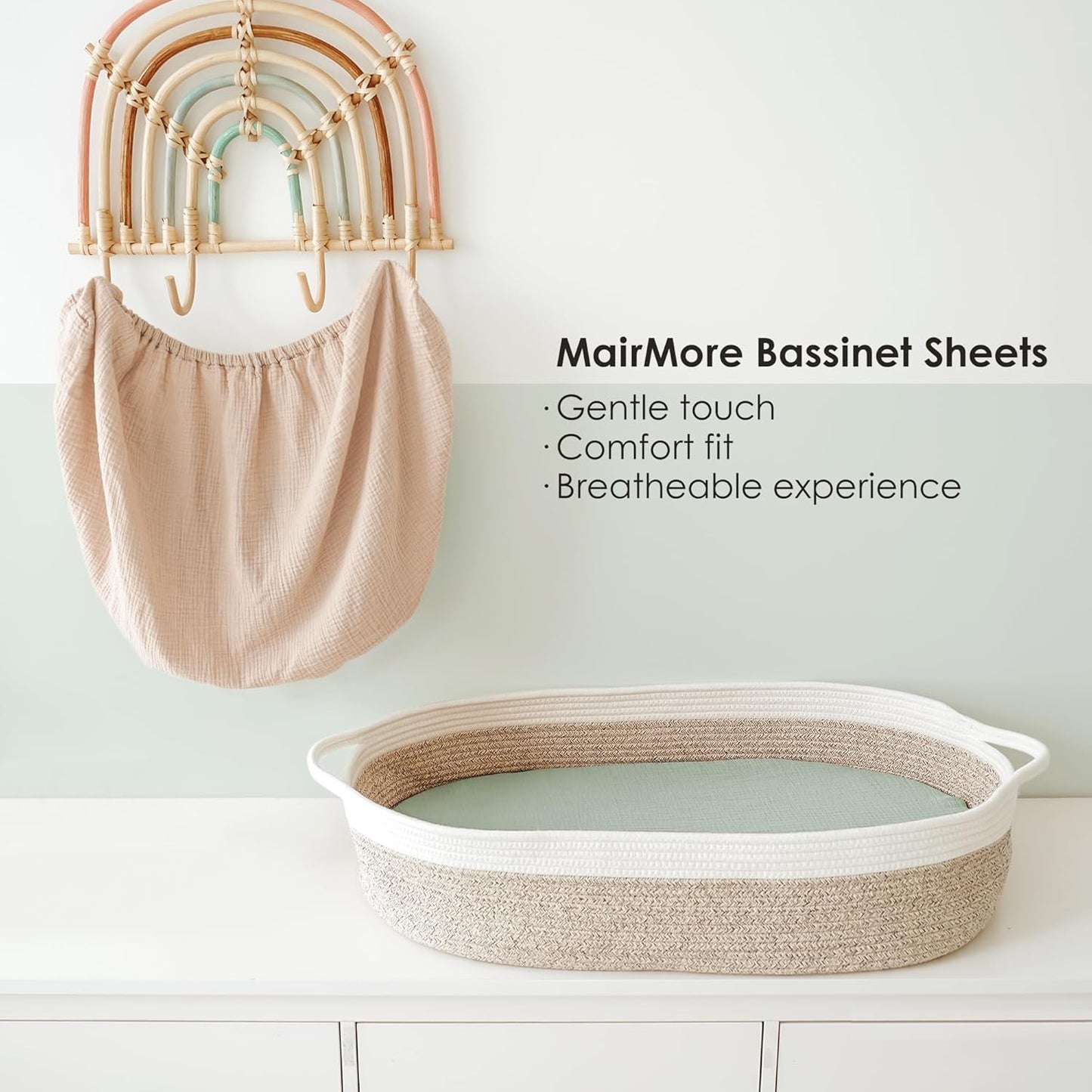 MairMore 2 Pack Muslin Fitted Bassinet Sheets for Babies, Soft & Breathable 100% Cotton Bedside Sleeper Bassinet Sheet, Moses Basket Oval Rectangle Pad/Mattress (Pink Blossom)