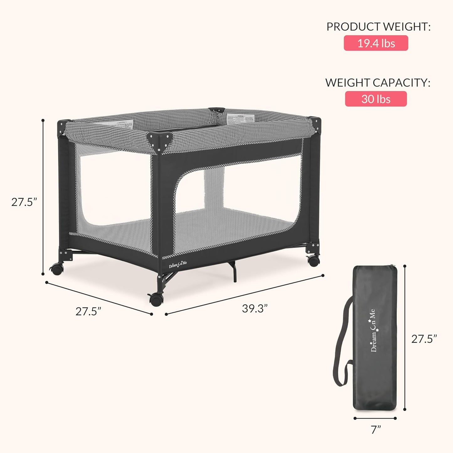 Dream On Me EZGo Portable Playard, Tool-Free Assembly, Easy One-Step Fold, Breathable Mesh Sides, Removable Mattress Pad & Smooth Locking Wheels, Travel Carry Bag Included – Black & White