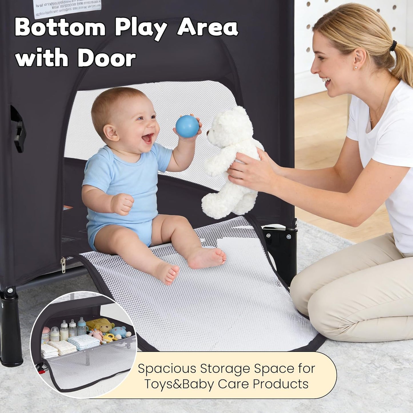 5-in-1 Baby Bassinet Bedside Sleeper with Swing Tube Converts to Cradle, Baby Crib with Mattress, Detachable Diaper Changer, Mosquito Net and Toy - Black