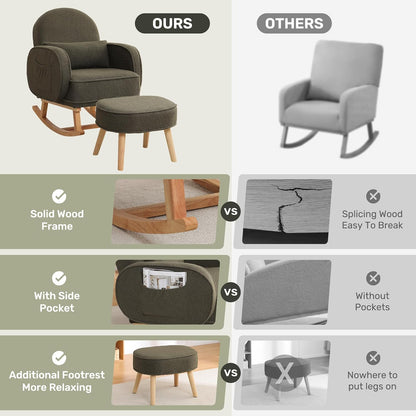 HCHAIRH Nursery Rocking Chair with Ottoman, Upholstered Glider Rocker with High Backrest Side Pocket, Rocking Accent Armchair with Solid Wood Legs for Nursery, Living Room, Bedroom, Light Grey