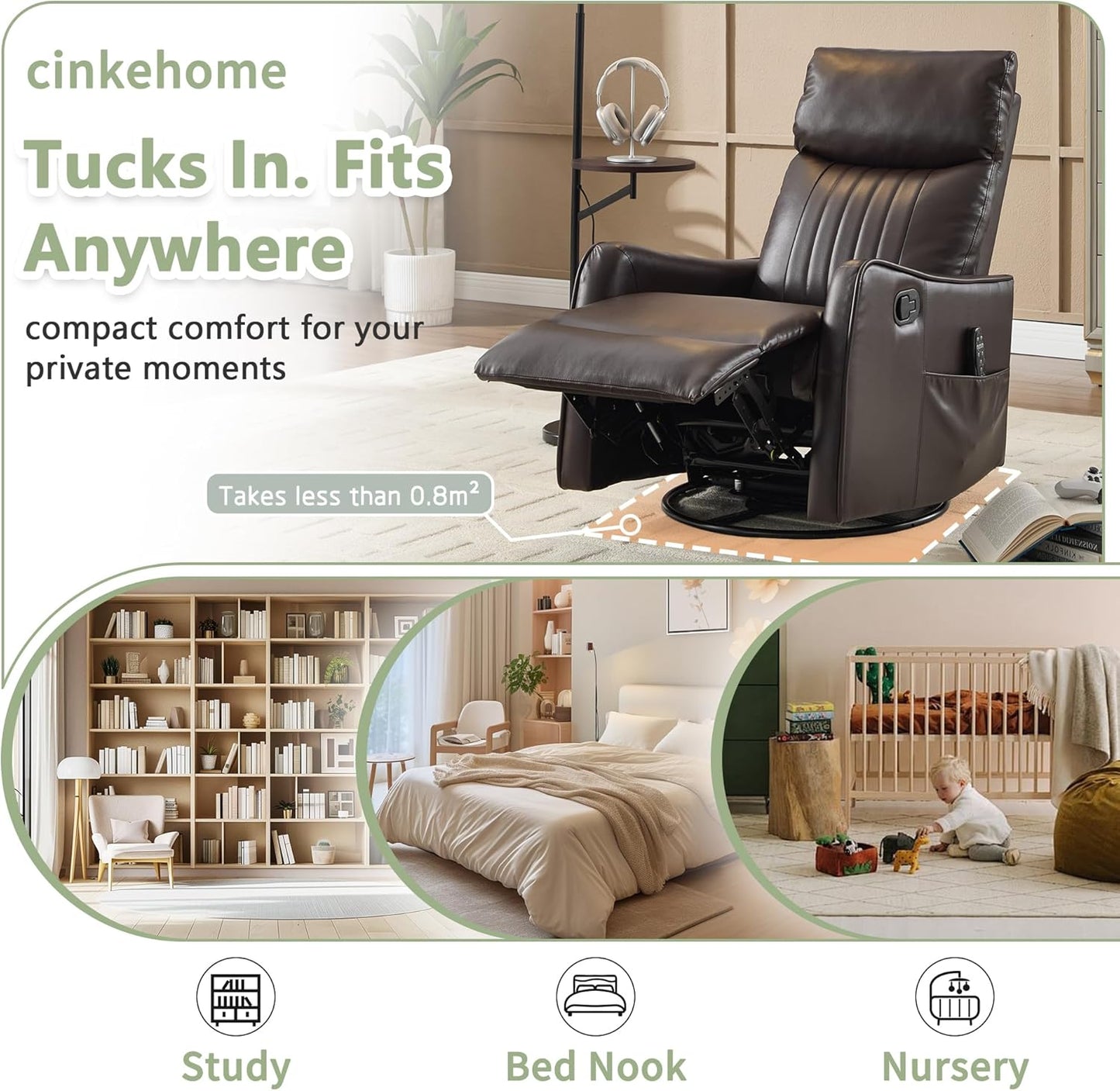cinkehome Swivel Rocker Recliner, Glider Rocker Recliner Chair for Nursery, Manual Reclining Chair with Heated Massage, Small Spaces, Living Room, Khaki Chenille