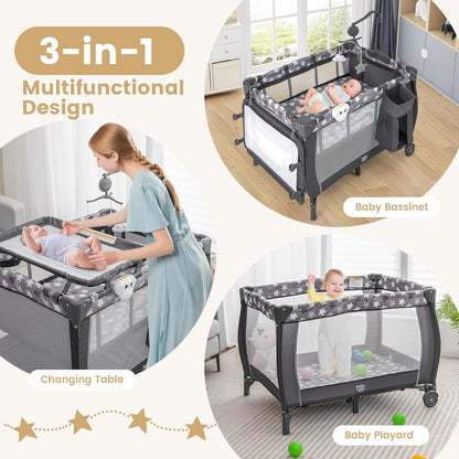 Costzon 3 in 1 Pack and Play with Bassinet, Portable Baby Playard with Changing Table, Music Box, Whirling Toys, Wheels/Brake, Basket, Foldable Infant Bassinet Crib for Baby Toddlers Indoor Outdoor