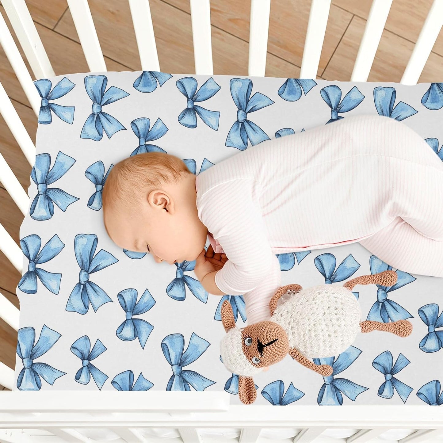 Fitted Crib Sheets Pink Checkered and Bows Stretchy Portable Playard Sheets for Baby Toddler, Breathable Soft Mini Crib Mattress 39 x 27 in for Boys and Girls