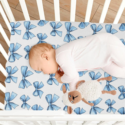 Fitted Crib Sheets Pink Checkered and Bows Stretchy Portable Playard Sheets for Baby Toddler, Breathable Soft Mini Crib Mattress 39 x 27 in for Boys and Girls