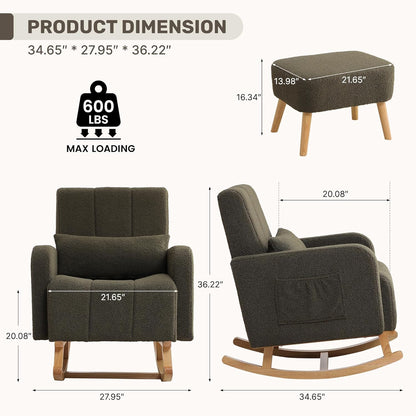HCHAIRH Nursery Rocking Chair with Ottoman, Upholstered Glider Rocker with High Backrest Side Pocket, Rocking Accent Armchair with Solid Wood Legs for Nursery, Living Room, Bedroom, Light Grey