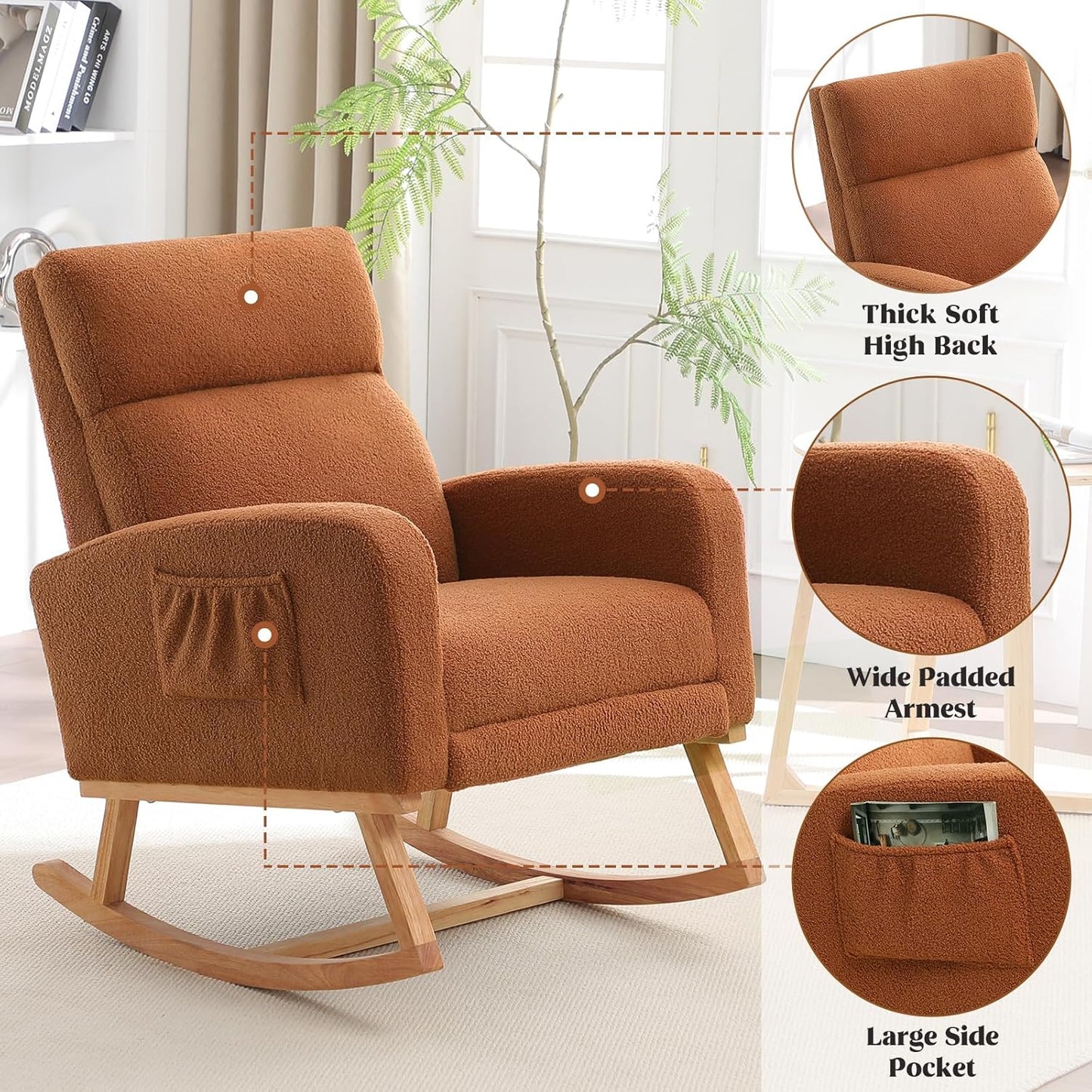 HCHAIRH Rocking Chair Nursery, Nursing Rocking Chairs with Foot Rest for Mom Nursery, Glider Rocker Chair with Footrest and High Backrest for Living Room, Bedroom, Beige
