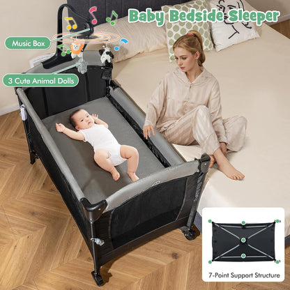 HONEY JOY Baby Bedside Sleeper, 6-in-1 Pack and Play w/Infant Bassinet, Diaper Changing Table & Portable Play Yard, 3 Adjustable Heights, Music Box & Side Storage Bag, Carry Bag(Black)