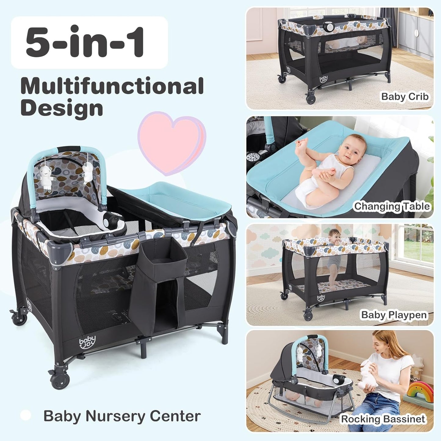 HONEY JOY Pack and Play, 5 in 1 Portable Infant Playpen with Bassinet & Changing Table, Storage Bag, Music Box, Toys, Carry Bag, Nursery Center, Baby Playard Pack n Play Crib for Boys Girls