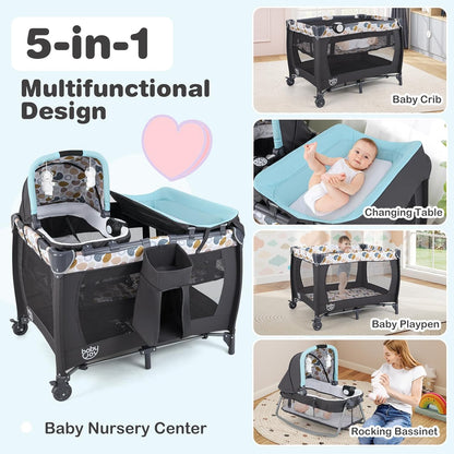 HONEY JOY Pack and Play, 5 in 1 Portable Infant Playpen with Bassinet & Changing Table, Storage Bag, Music Box, Toys, Carry Bag, Nursery Center, Baby Playard Pack n Play Crib for Boys Girls