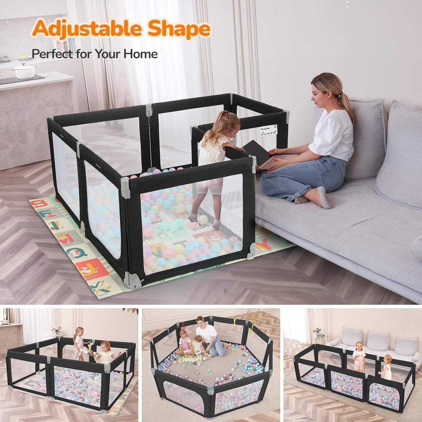 Dripex Baby Playpen, 47"x47" Small Playpen for Babies, Enhanced Safety Baby Play Yard for Indoor & Outdoor, Infant Play Pen with Soft Breathable Visible Mesh, Anti-Fall Design & Easy Setup, Grey
