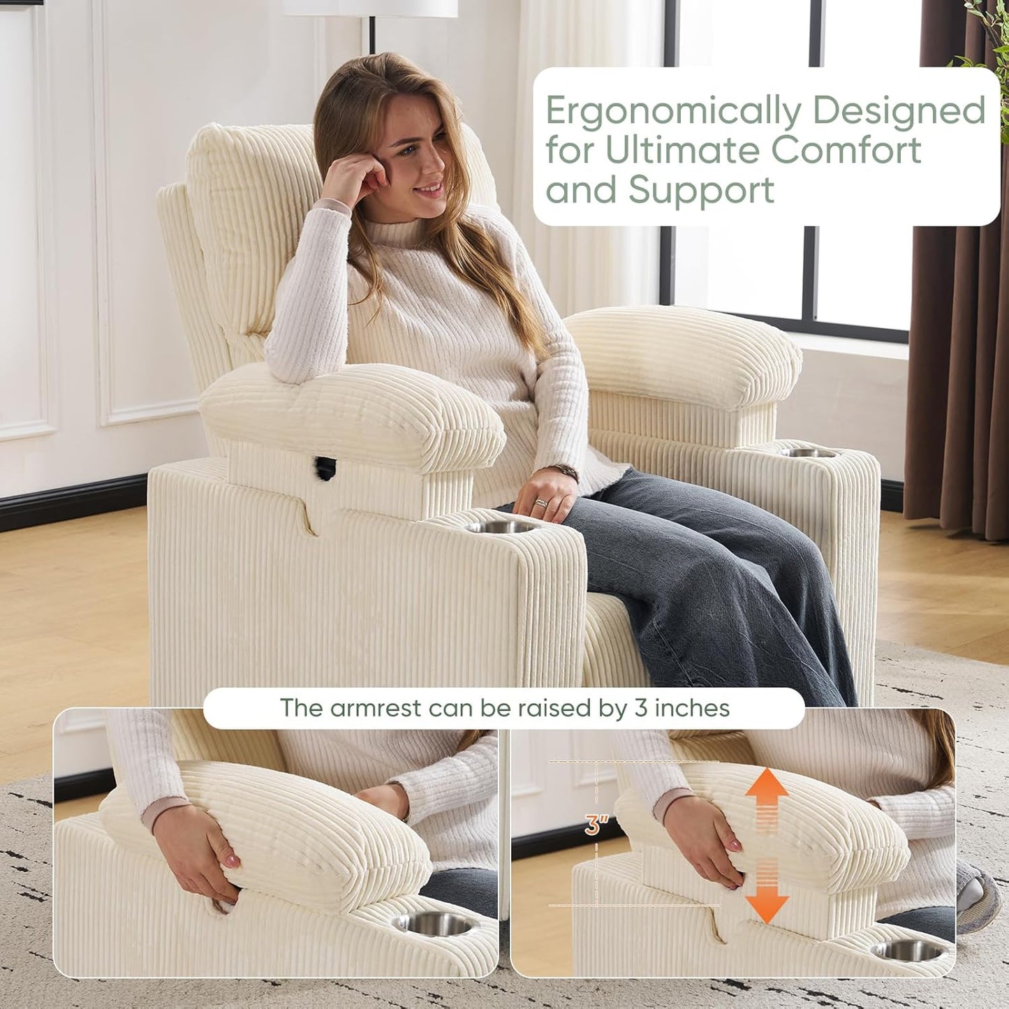 Rocking Chair Nursery with Adjustable Armrest for Breastfeeding, Glider Recliner Nursery Chair with Massage and Heat, Power Swivel Rocker Recliner with Adjustable Headrest, Corduroy, Beige