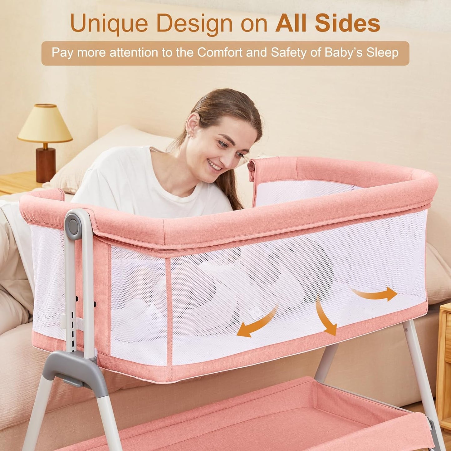 ANGELBLISS Baby Bassinet Bedside Crib with Storage Basket and Wheels, Easy Folding Bed Side Sleeper Adjustable Height Portable Crib for Newborn (Pink)