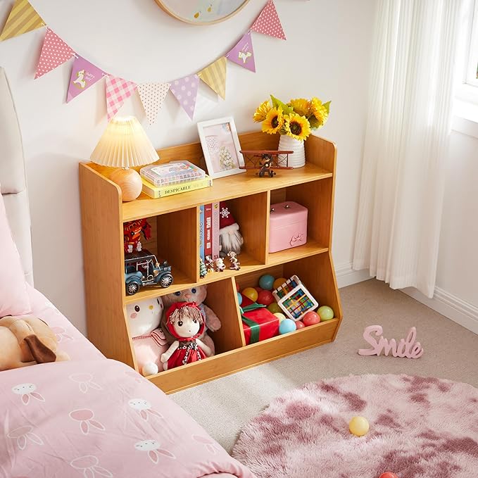 Kovhzcu Toy Storage Organizer with Bookshelf, 5-Cubby Children's Toy Shelf, Toy Storage Cabinet for Children's Room, Playroom, Hallway, Kindergarten, School (Natural)