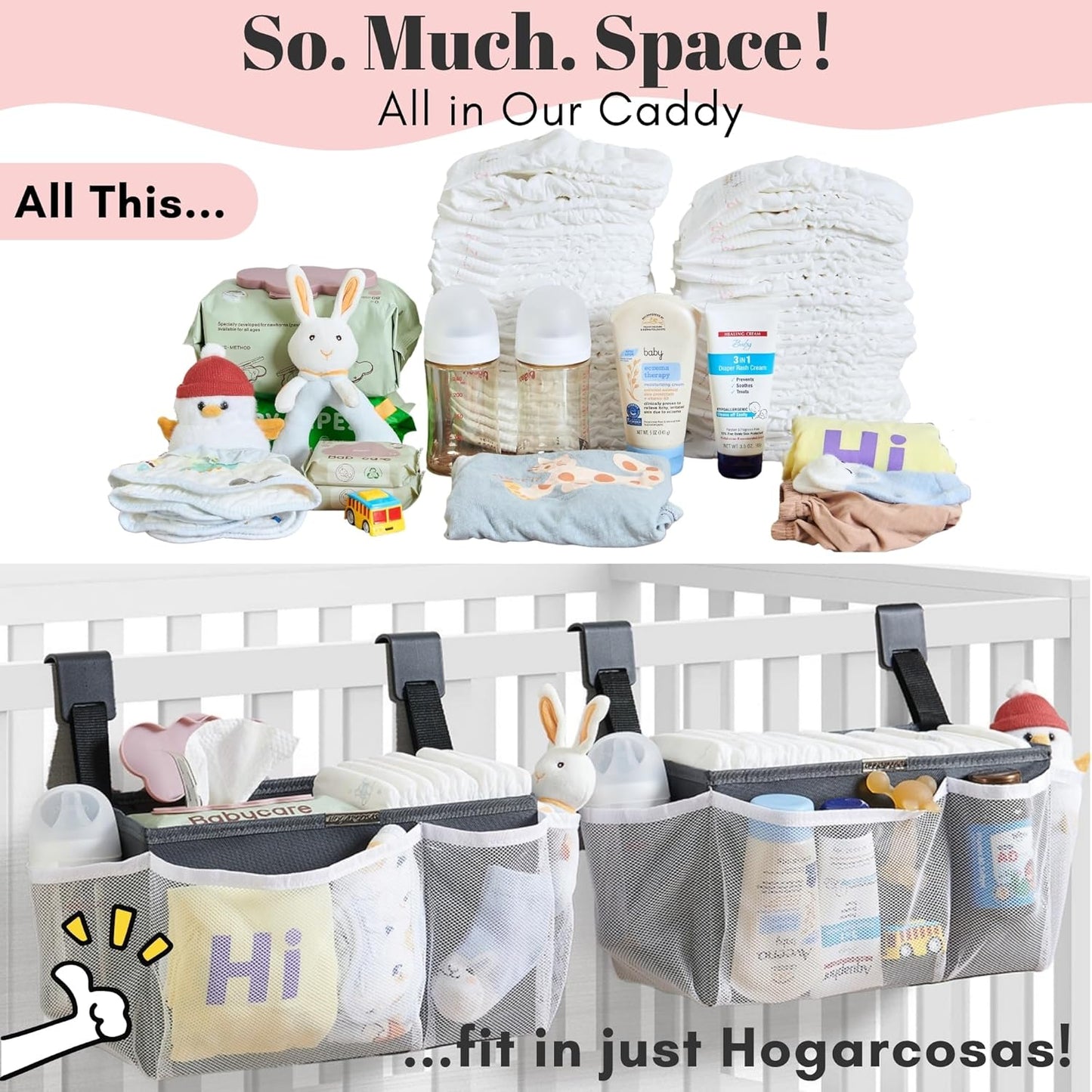 2-Pack Hanging Diaper Organizer for Crib & Changing Table | 50+ Large Capacity Baby Diaper Caddy, Washable Newborn Essentials Organizer for Baby Girl, Ideal Baby Shower Gifts with Hook Straps