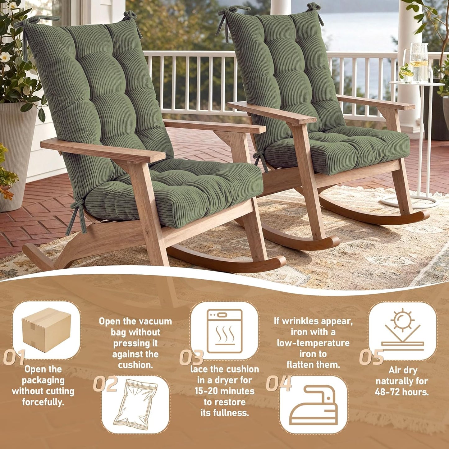 Rocking Chair Cushion with Ties Non-Slip Outdoor Rocking Chair Cushion Set Waterproof Fade-Resistant Porch Garden Patio Glider Rocker Cushions