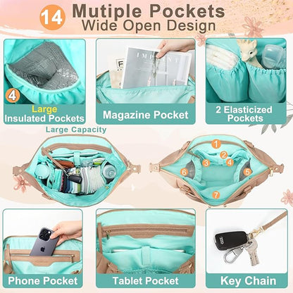 MOMINSIDE Diaper Bag Tote, Leather Diaper Bag Backpack with 14 Pockets, Convertible Baby Bag for Boys Girls, Baby Registry, Changing Pad, Large 4 Insulated Pockets (Camel)