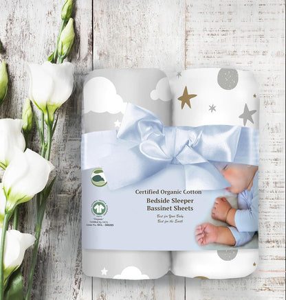 100% Organic Cotton 2 Pk Bedside Sleeper Bassinet Fitted Mattress Sheets Perfectly Compatible with Mika Micky, Baby Delight, Ronbei, Chicco, Cloud Baby, AMKE, Angelbliss, Arm's Reach. Cloud, Stripe