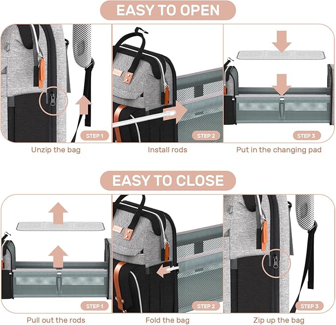 Diaper Bag Backpack with Changing Station,Large Baby Backpack for Travel Multifunctional Baby Bag for Mom & Dad, GrayBlack