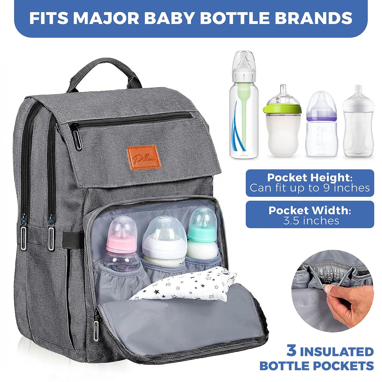 PILLANI Baby Diaper Bag Backpack - Large Waterproof Travel Diaper Bag for Boys & Girls, 16 Organizer Pockets with Changing Pad, Insulated Bottle Pockets & Stroller Straps, Baby Shower Gifts, Dinosaur