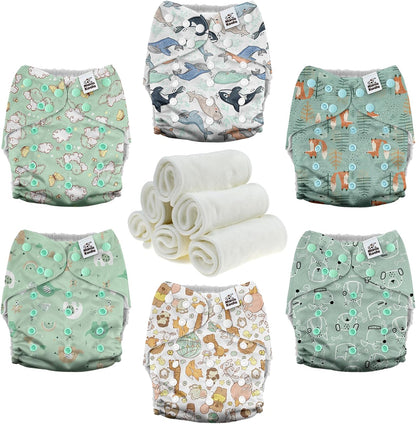 Mama Koala 3.0 Baby Cloth Diapers with 6 Inserts Bundle(Adorable Animal), with 2 Pack Reusable Pail Liner
