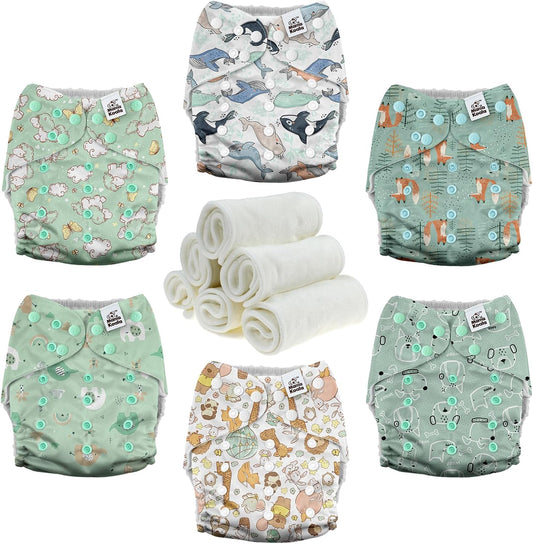 Mama Koala 3.0 Baby Cloth Diapers with 6 Inserts Bundle(Adorable Animal), with 2 Pack Reusable Pail Liner