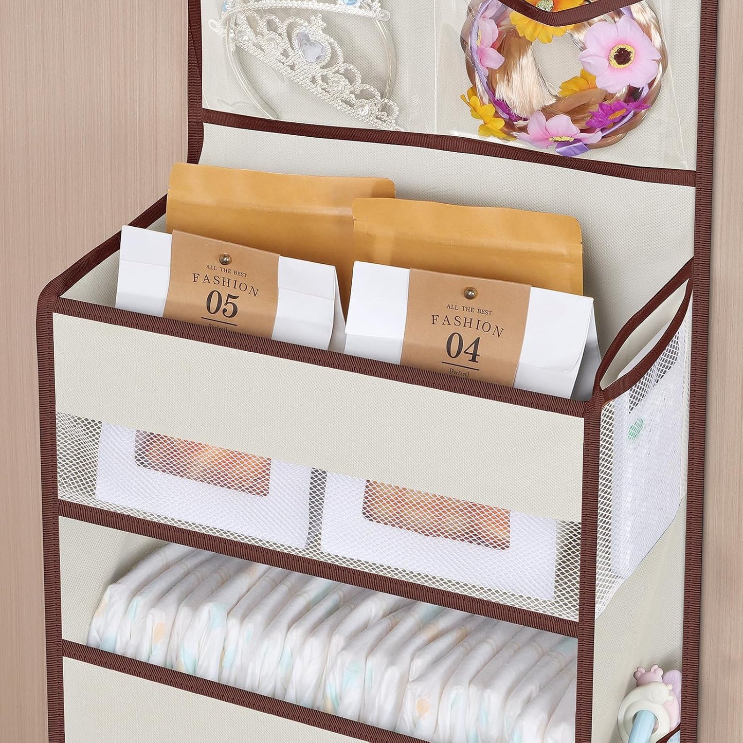 Univivi Over The Door Organizer, 5 Shelf Door Hanging Organizer Nursery Door Storage with 4 Large Compartments and 2 Small PVC Pockets 6 Side Pockets for Bathroom,Cosmetics and Nursery Baby Essential