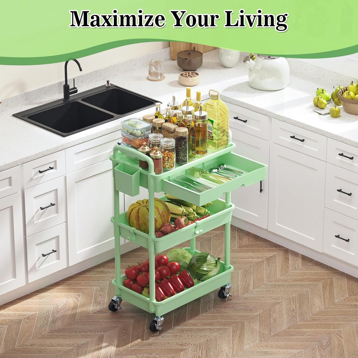 SUNALLY 3 Tier Rolling Cart with Drawer, Bathroom Storage Organizer with 2 Lockable Wheels, Multifunctional Rolling Storage Cart for Bathroom, Kitchen, Office, Craft, Makeup, Baby Essentials, White