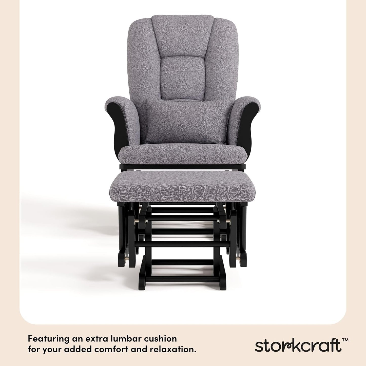 Storkcraft Tuscany Glider with Ottoman (Black/Gray) — GREENGUARD Gold Certified, Bonus Lumbar Cushion Included, Solid Wood Base, Smooth Motion, Award-Winning Nursery Rocking Chair, Glider and Ottoman