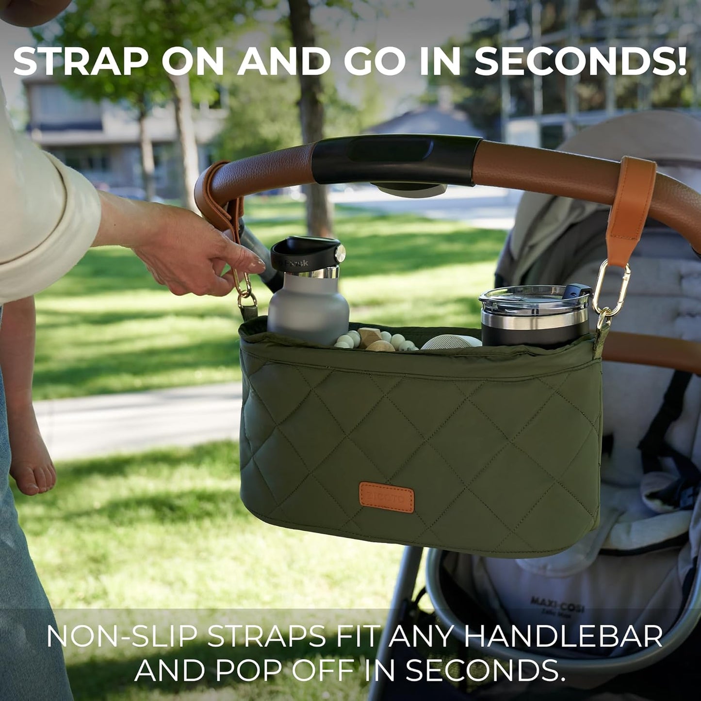 Beautiful Stroller Caddy Organizer With 2 Cup Holders – Luxury Stroller Bag, Universal Fit, Leather Straps & Zipper Pocket – Spacious Accessories Perfectly Fits Doona, Nuna & Uppababy Strollers