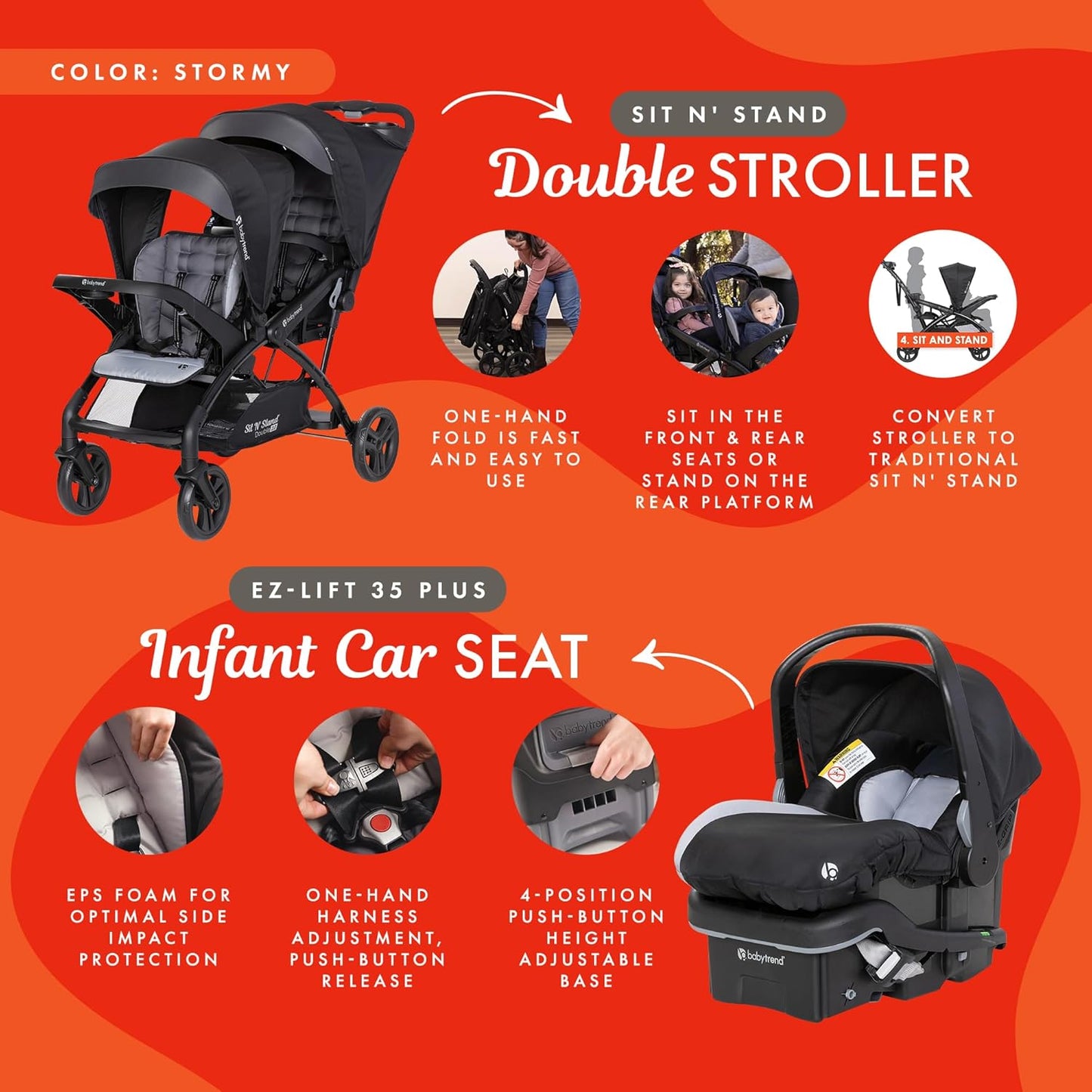 Baby Trend Sit N' Stand Tandem Double Stroller 2.0 DLX and EZ-Lift Plus Car Seat Set with 5 Point Safety Harnesses and Cozy Cover, Modern Khaki
