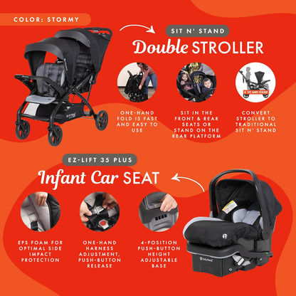 Baby Trend Sit N' Stand Tandem Double Stroller 2.0 DLX and EZ-Lift Plus Car Seat Set with 5 Point Safety Harnesses and Cozy Cover, Modern Khaki