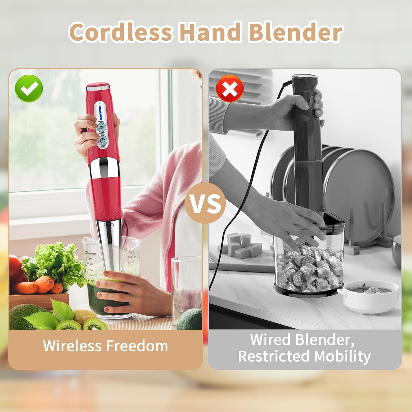 Toogel Cordless Immersion Blender, Electric Hand Blender with 21-Speed & 3-Angle Adjust, USB Rechargeable, BPA-Free & Dishwasher Safe for Baby Food, Smoothies, Soup (Grey)