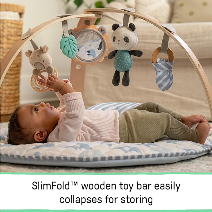 Ingenuity Cozy Spot Reversible Duvet Baby Play Gym & Play Mat with Wooden Toy bar - Elephant March (Neutral Safari), Newborn and up