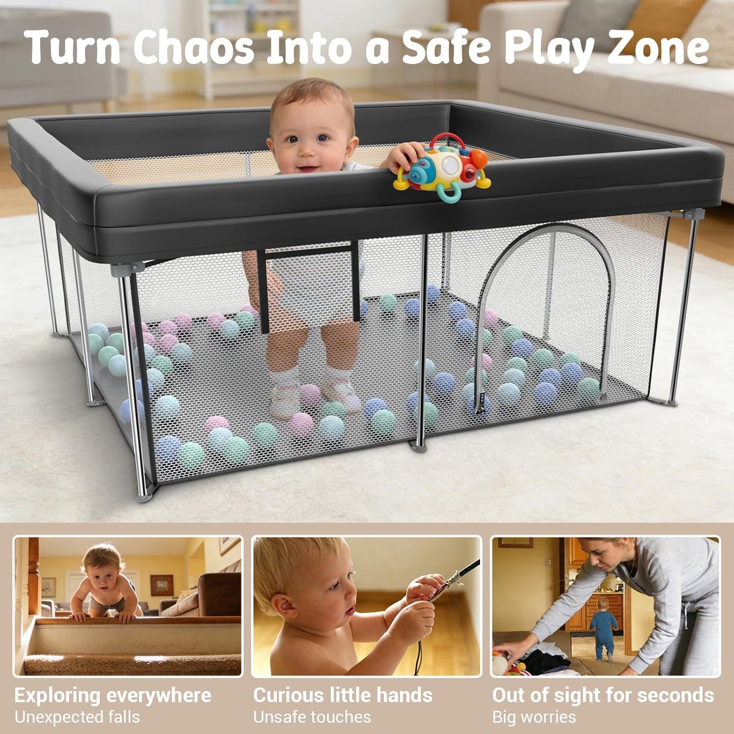 Foldable Baby Playpen, 50"×50" Collapsible Play Yard for Babies and Toddlers, No Assembly Required, Kids Safety Play Area with 4 Handles, 50 Balls and Visible Mesh, Black