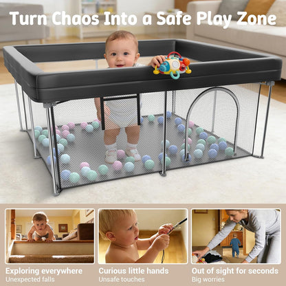 Foldable Baby Playpen, 50"×50" Collapsible Play Yard for Babies and Toddlers, No Assembly Required, Kids Safety Play Area with 4 Handles, 50 Balls and Visible Mesh, Black