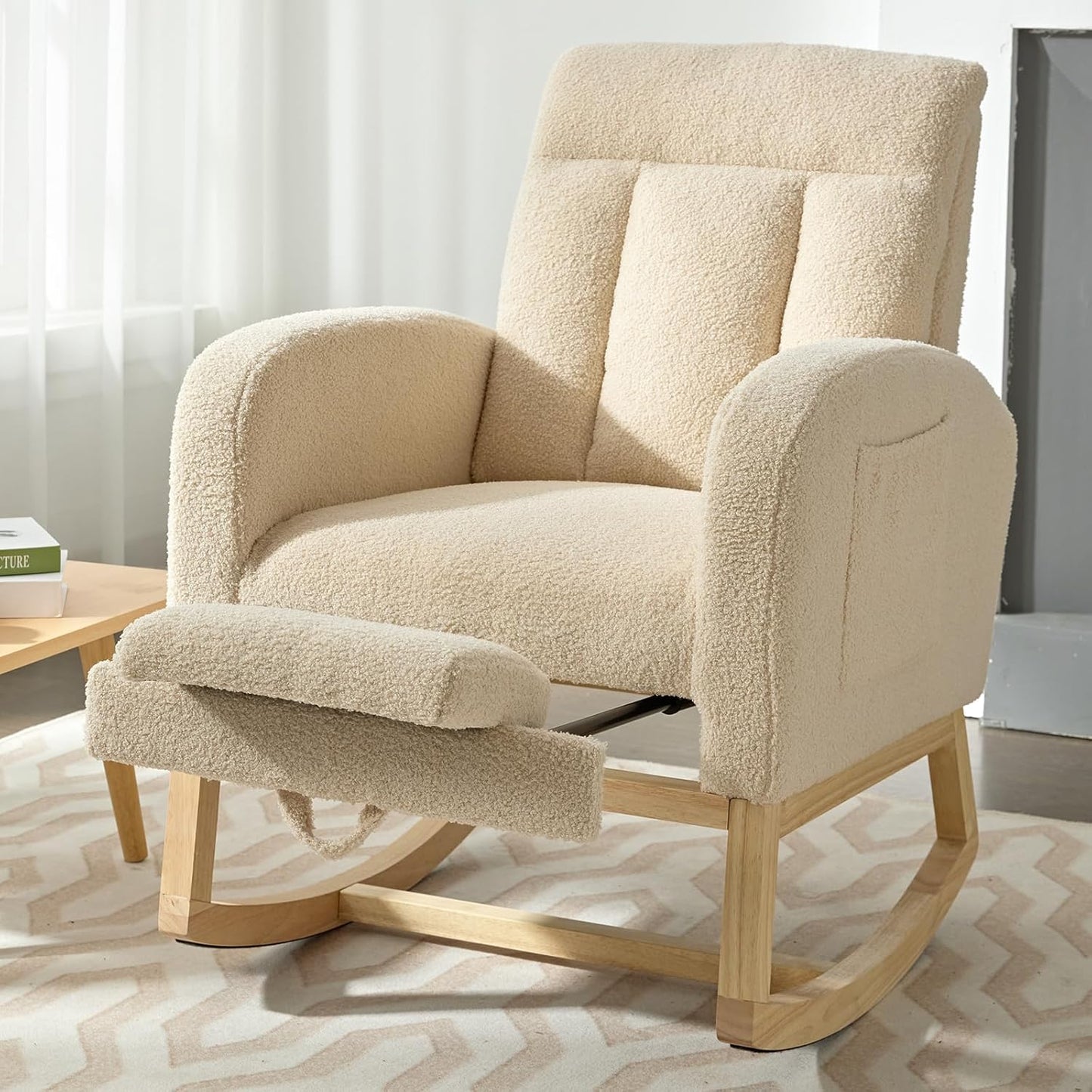NIOIIKIT Modern Nursery Rocking Chair, Teddy Upholstered Rocking Chair with Footrest, Comfortable Rocker Recliner with Side Pocket, Rocker Glider for Living Room, Bedroom, Nursing Room (Apricot)