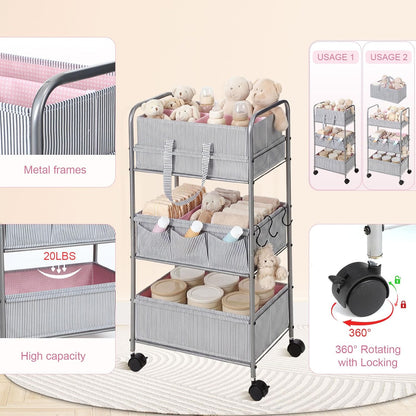 WILLBOND 2in1 Baby Diaper Caddy Organizer Cart, 3 Tier Large Capacity Metal Utility Bedside Rolling Cart with Divider for Newborn Registry Nursery Essential Must Have Gift Baby Shower Bedroom(Pink)