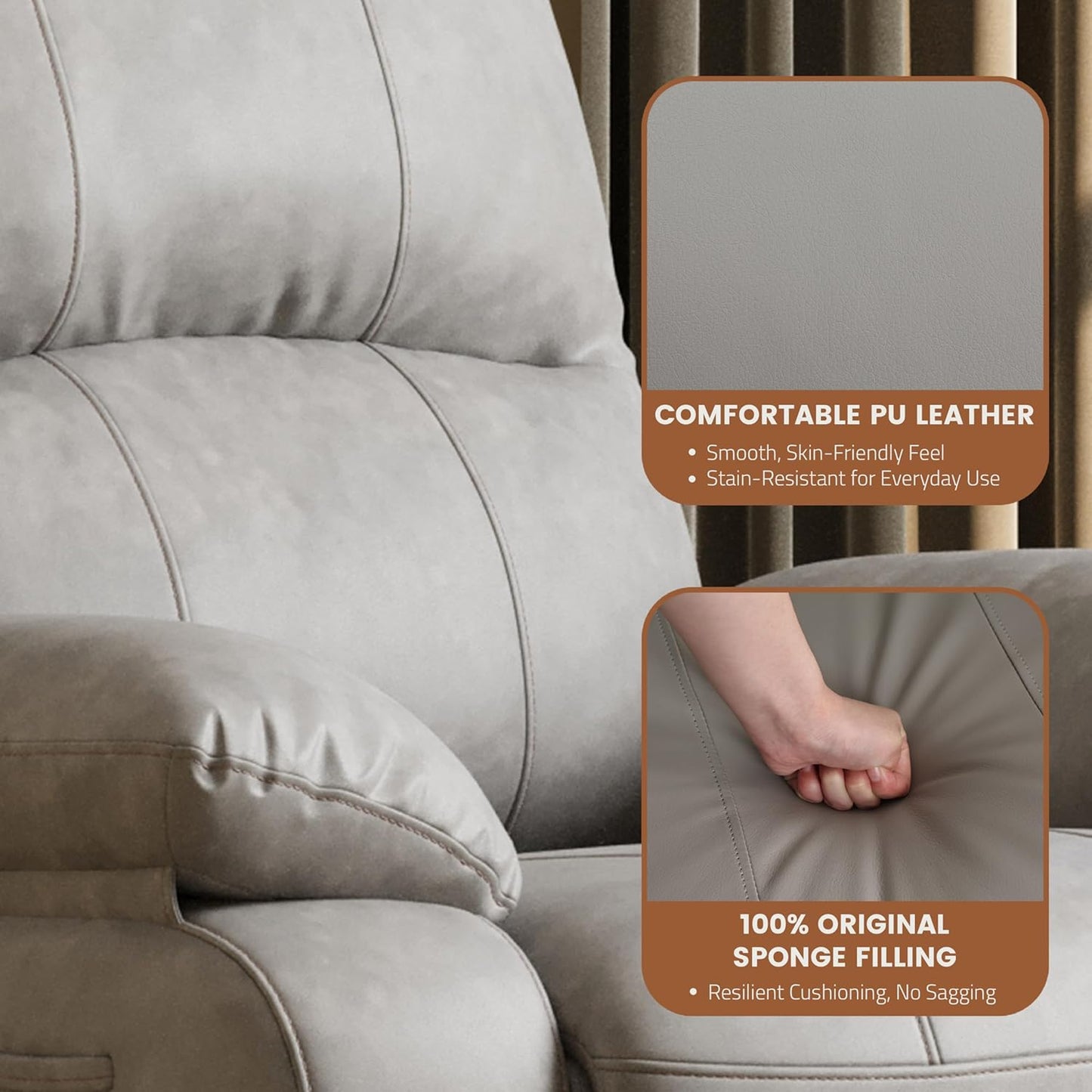 Leather Swivel Rocker Recliner Chair, Traditional Manual Chair, Upholstered Nursery Glider Rocking Recliner, Comfy Faux Leather Single Sofa with Pocket Spring for Living Room, Camel