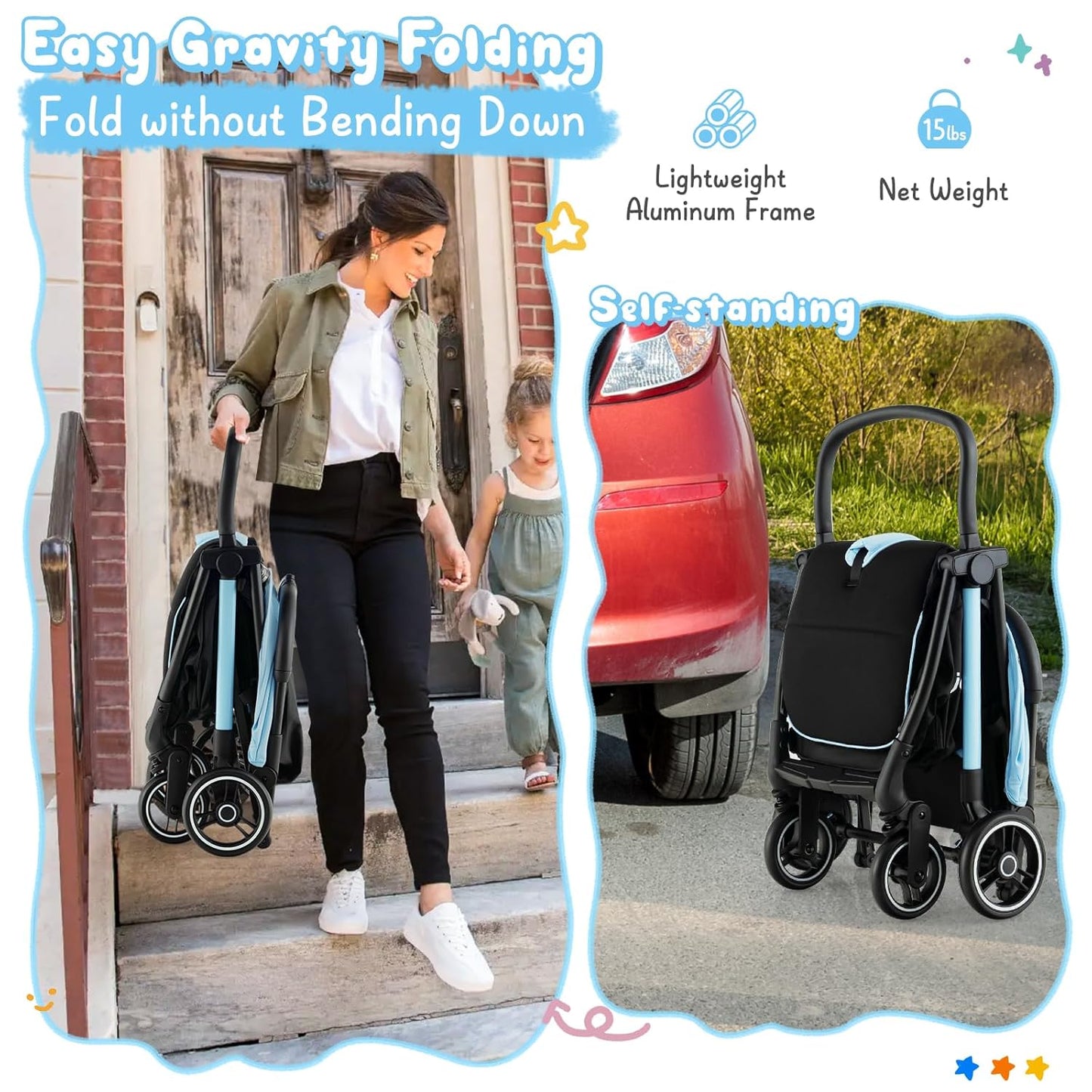 HONEY JOY Lightweight Baby Stroller, Compact Travel Stroller for Airplane, Fits Airplane Cabin & Overhead, One-Hand Gravity Fold, Self-Standing Toddler Stroller w/Adjustable Backrest/Canopy(Pink)