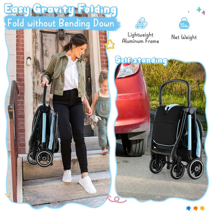 HONEY JOY Lightweight Baby Stroller, Compact Travel Stroller for Airplane, Fits Airplane Cabin & Overhead, One-Hand Gravity Fold, Self-Standing Toddler Stroller w/Adjustable Backrest/Canopy(Pink)