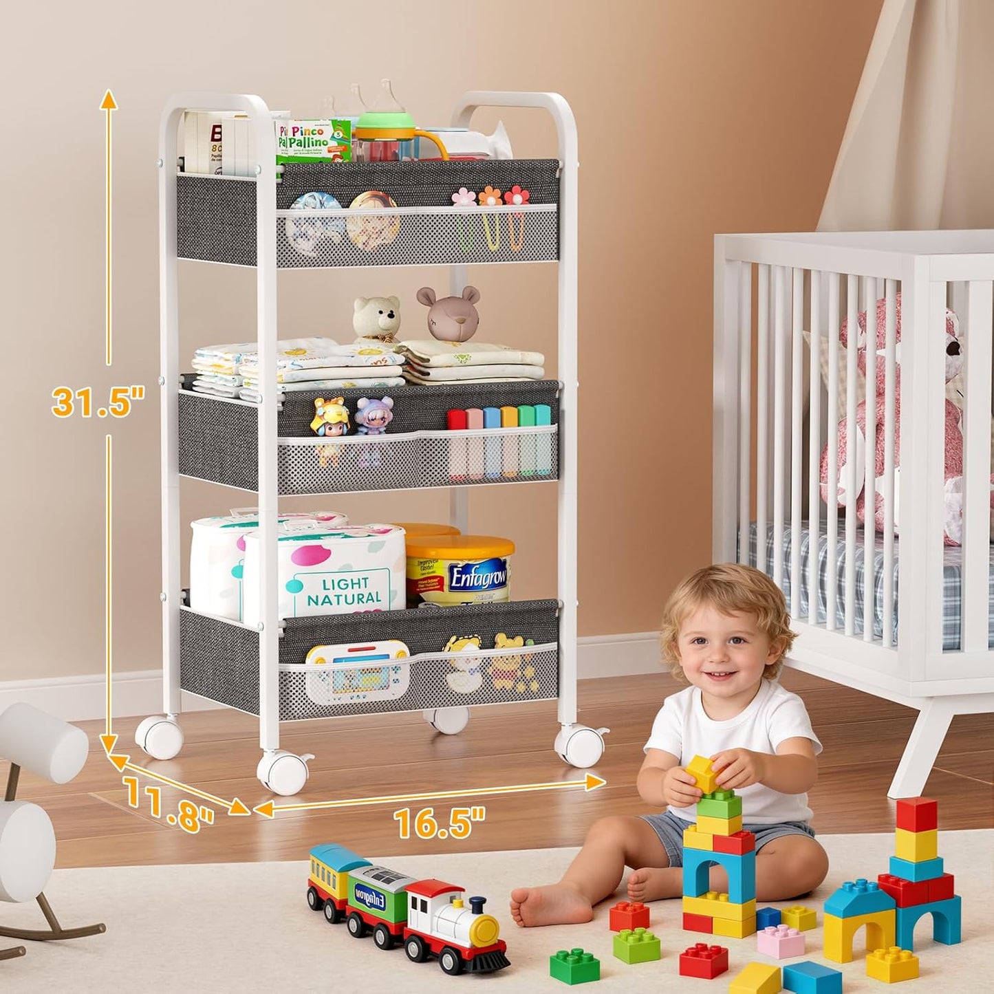 Baby Diaper Caddy Rolling Utility Cart, 3 Tier Baby Essentials Nursery Organizer and Storage with Dividers and Drawers for Crib, Bedroom, Art & Craft Organizer (Black)