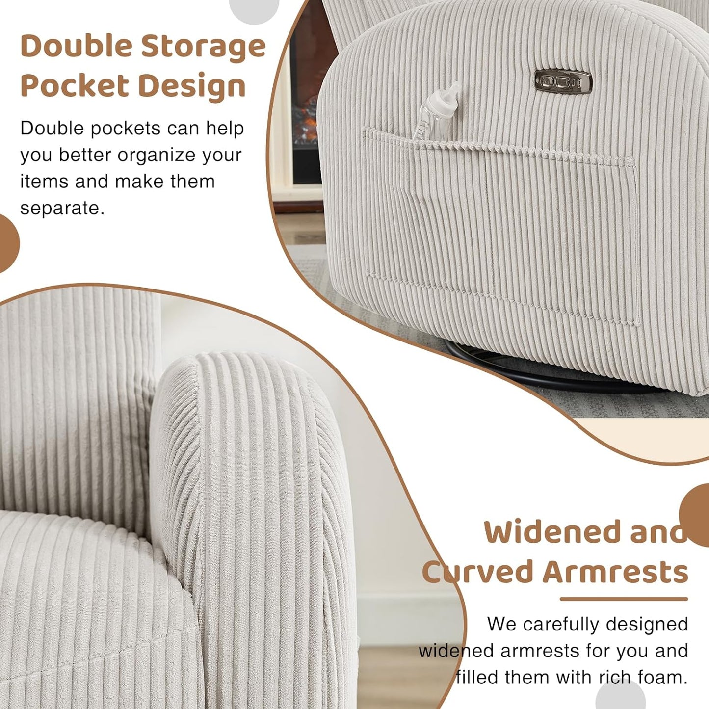 Swivel Rocker Recliner Chair, Rocking Recliner for Nursery with Side Pockets, Manual Swivel Reclining Nursery Glider Chair for Breastfeeding Living Room, Camel Chenille