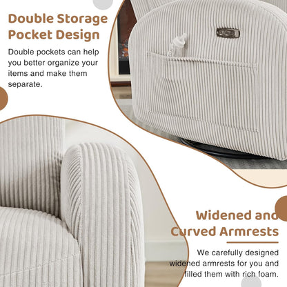 Swivel Rocker Recliner Chair, Rocking Recliner for Nursery with Side Pockets, Manual Swivel Reclining Nursery Glider Chair for Breastfeeding Living Room, Camel Chenille